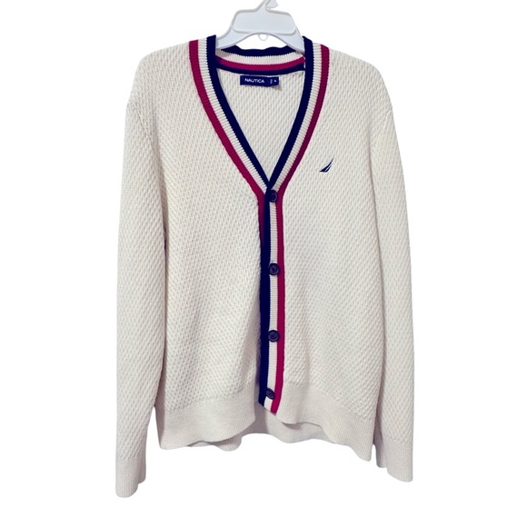 Nautica Cardigan Sweater Cotton Mens Sz XL Navy Crimson Trim Preppy Vintage - Picture 2 of 8